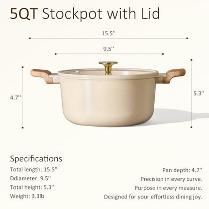 CAROTE 5 Qt Nonstick Stock Pot with Lid Soup Pot, Ceramic 5 Quart Casserole with Lid, Easy to Clean Non Stick Cooking Pot Cookware PFOA Free, Ceramic Oatmeal