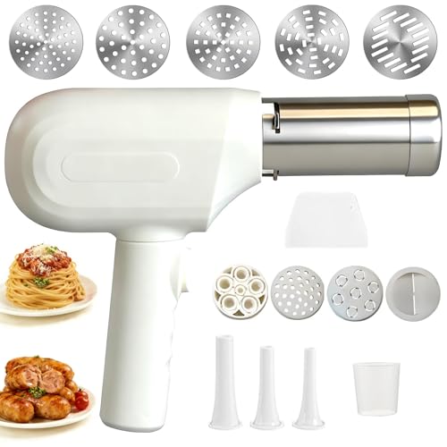 Electric Pasta Maker Machine, 6 In 1 Handheld Electric Pasta Maker, Cordless Automatic Noodle Machine, With 5 Types Of Noodle Molds and 2 Types Of Enema Filling Nozzles, Easy to Use and Clean