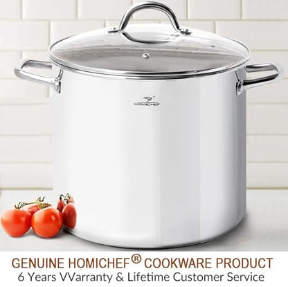 HOMICHEF 16 Quart LARGE Stock Pot with Glass Lid - NICKEL FREE Stainless Steel Healthy Cookware Stockpots with Lids 16 Quart - Mirror Polished Induction Cooking Pot