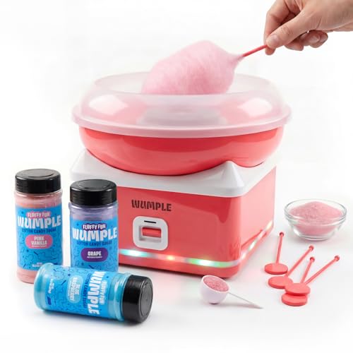 Wumple Cotton Candy Machine for Kids with LED Lights - Electric Candy Maker Kit with Lidded Bowl - Quick Heat-Up - 3 Flavor Bundle - Red