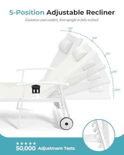 Ciokea Outdoor Lounge Chair with Pillow, 5-Position Aluminum Chaise Lounge with Wheels & Armrests, 400 lbs Heavy Duty Patio Pool Chair for Deck, Backyard, Beach & Poolside, White