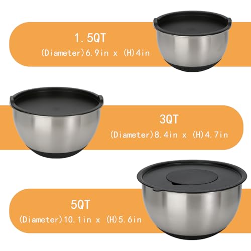 GreatChef Mixing Bowls Stainless Steel Set of 9-1.5, 3.0, 5QT Bowl and Graters, with Airtight Lids, Non-slip Base, Metal Nesting, Storage, Salad, Baking, Elegance in Every Mix & Serving