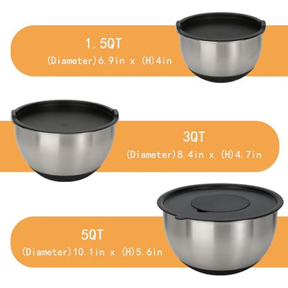 GreatChef Mixing Bowls Stainless Steel Set of 9-1.5, 3.0, 5QT Bowl and Graters, with Airtight Lids, Non-slip Base, Metal Nesting, Storage, Salad, Baking, Elegance in Every Mix & Serving