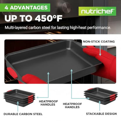 NutriChef 10-Piece Nonstick Kitchen Oven Baking Pans - Premium & Stylish Non-Stick Carbon Steel - Commercial Grade Restaurant Quality Metal Bakeware with Silicone Handles - Easy to Clean, NCSBS10S