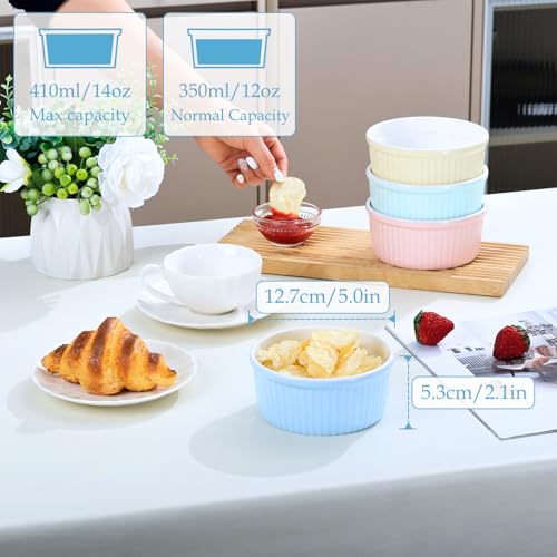 NUTRIUPS Ceramic Ramekins 14oz Oven Safe Set of 4, Porcelain Pudding Cups for Creme Brulee Souffle, Ceramic Ramekins Set for Baking (Yellow+Pink+Blue+Mint Green)