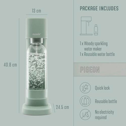 Mysoda Woody Soda Streaming Machine - Silent Carbonated Water Machine Robust Long-Lasting Aluminium Soda Maker - With 1L Water Bottle - Without CO2 Cylinder - Pigeon