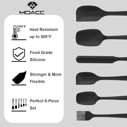 Silicone Spatulas Set of 6, Rubber Spoon Spatula Heat Resistant Spoonula One Piece Design Seamless Spatula Non-Stick Scrapers Baking Mixing Tool (Black)