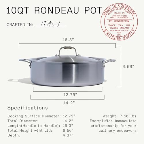 Made In Cookware | 10 Quart Stainless Steel Rondeau Pot w/Lid | 5 Ply Stainless Clad | Professional Cookware | Crafted in Italy | Induction Compatible