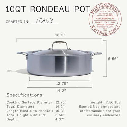 Made In Cookware | 10 Quart Stainless Steel Rondeau Pot w/Lid | 5 Ply Stainless Clad | Professional Cookware | Crafted in Italy | Induction Compatible