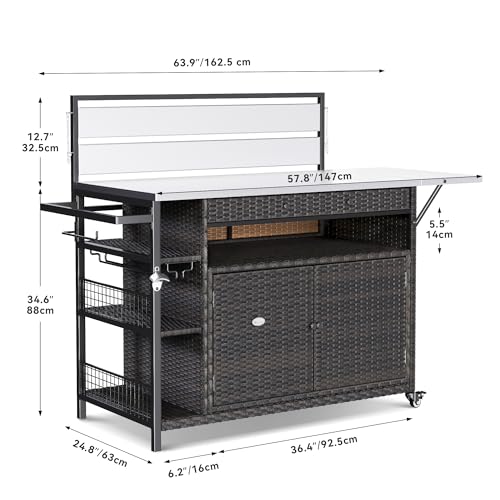 YITAHOME XL Outdoor Kitchen Wicker Island Rolling Cart & Storage Cabinet, Wheels and Stainless Steel Extended Table Top, Side Handle for Patio Kitchen or Bar Cart, Dark Brown