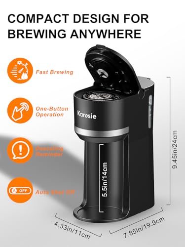 Karosie Single Serve Coffee Maker for K-Cup and Grounds, Fast Brew, 6-12 oz Brew Sizes Single Cup Coffee Maker Fits 5.5" Mugs, One-Button Small Coffee Maker, Descaling Reminder,Black,9.45 Inches