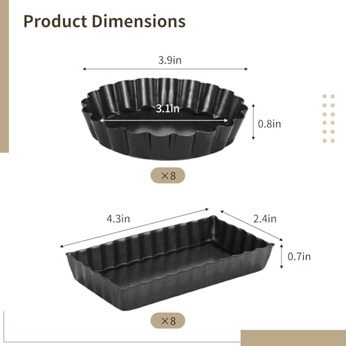 Mini Tart Pans With Removable Bottom Nonstick Quiche Pan, 8Pieces Round and 8Pieces Rectangle Pie Pans, 4 Inches Carbon Steel Mini Pie Pans, Fluted Side Dessert Baking Mold Set for Egg Tarts