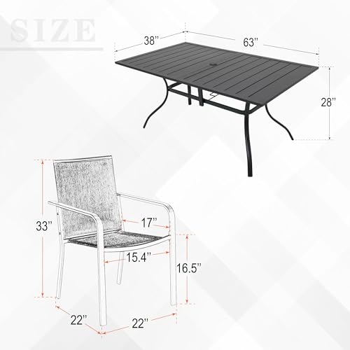 Anmutig Patio Dining Set for 6, 7-Piece Outdoor Furniture Rectangular Table and 6 Metal Textilene Stackable Chairs Set for Lawn Backyard and Deck Black