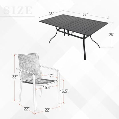 Anmutig Patio Dining Set for 6, 7-Piece Outdoor Furniture Rectangular Table and 6 Metal Textilene Stackable Chairs Set for Lawn Backyard and Deck Black