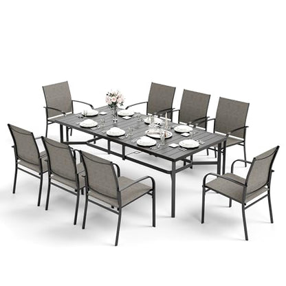 HERA'S HOUSE 9 Pieces Patio Dining Set, 8 x Brown Textilene Patio Chairs and 1 x 83 Large Rectangle Dining Table, Outdoor Furniture Set for Deck Garden Backyard Lawn Poolside