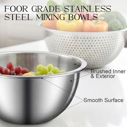 DUTZUN Heavy-Duty Stainless Steel Mixing Bowls Set of 5 plus 3QT Colander, Nesting Kitchen Metal Bowl for Baking Prep Salads Serving Cooking, Non-Toxic & Dishwasher Safe — 4.0 to 0.8 QT