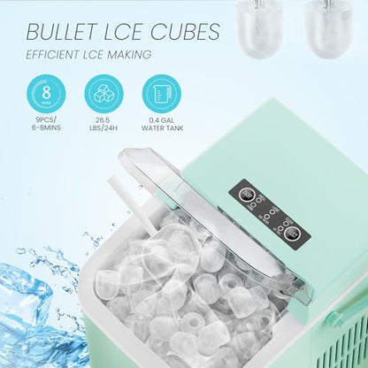 KMFurnila Ice Makers Countertop, Portable Ice Machine with Handle, 6 Mins 9 Bullet Cubes with Basket and Scoop, 26lbs in 24Hrs, Auto-Cleaning, for Home, Kitchen, RV, Camping, Green