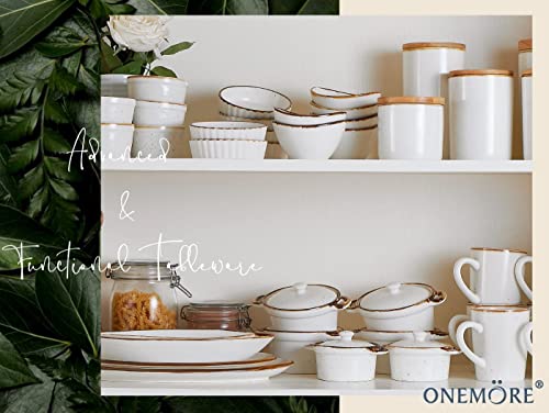 ONEMORE Ramekins 4 oz, Oven Safe Creme Brulee Ramekin Set of 6 for Baking, Speckled Ceramic Souffle Dishes with Brown Rim for Pudding Ice Cream, Porcelain Custard Cups Mini Bowls - Creamy White