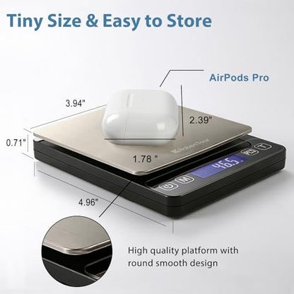 KitchenTour Digital Kitchen Gram Scale - 3000g/0.1g - High Accuracy Precision Food Scale with 9 Units(g/oz/ml/lb/lb:oz/gn/ozt/DWT/ct) - Meat Scale with Back-Lit LCD Display(Batteries Included)