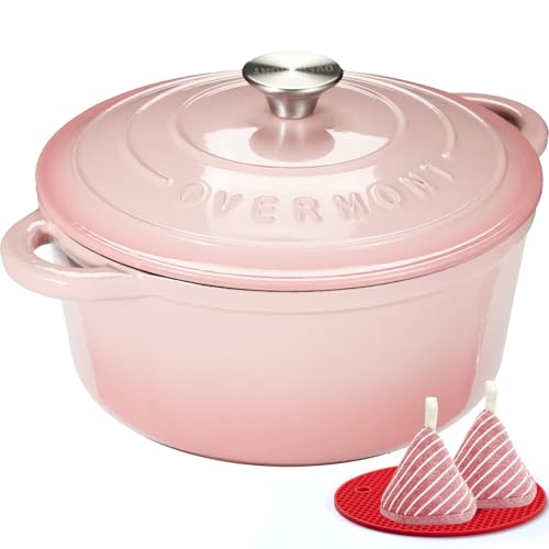 Overmont Enameled Cast Iron Dutch Oven - 4.5QT Pot with Lid Cookbook & Cotton Potholders - Heavy-Duty Cookware for Braising, Stews, Roasting, Sourdough Baking pink