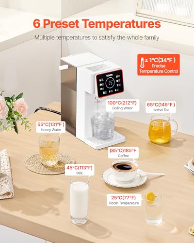 VEVOR Instant Hot Water Dispenser, Countertop Boiling Water Dispenser with Adjustable 6 Temperatures & 7 Water Volumes, 101oz Removable Water Tank, Quick Heating with Touchscreen & Child Lock for Home