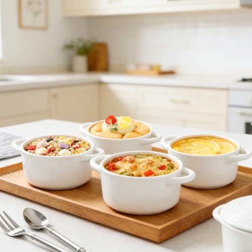 ZUQIAN Mini Cocotte Set of 4, 14 Oz Small Casserole Dishes with Lids And Handles, Ceramic Small Dutch Oven Pot With Lid, White Individual Baking Ramekins For Baking, Baked Desserts, Oven