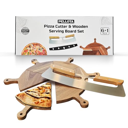 Premium Wooden Pizza Serving Board Set – 6 Slice Detachable Pizza Tray with Stainless Steel Rocker Knife, Pizza Slicer, Pizza Rocker for Parties & Gifts