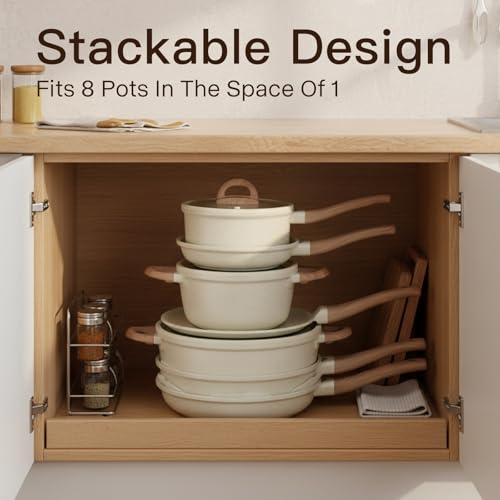 USELUCK Pots and Pans Set Non Stick Non-Toxic 22 Pcs Ceramic Cookware Sets Nonstick Kitchen Pot&Pan With Lid Cream White Granite Induction Compatible with Glass Lids Crepe Frying Pan PFOA/PFOS-Free