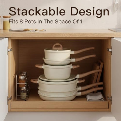 USELUCK Pots and Pans Set Non Stick Non-Toxic 22 Pcs Ceramic Cookware Sets Nonstick Kitchen Pot&Pan With Lid Cream White Granite Induction Compatible with Glass Lids Crepe Frying Pan PFOA/PFOS-Free