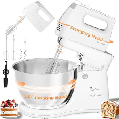 Vikaluz 4.8QT 2-in-1 Stand Mixer, Electric Kitchen Mixer with Auto-Rotating Bowl & Tilt-Head, 5-Speed 250W Turbo Baking Machine for Beginners with Beater & Dough Hook for Cookie, Bread, Cake (White)