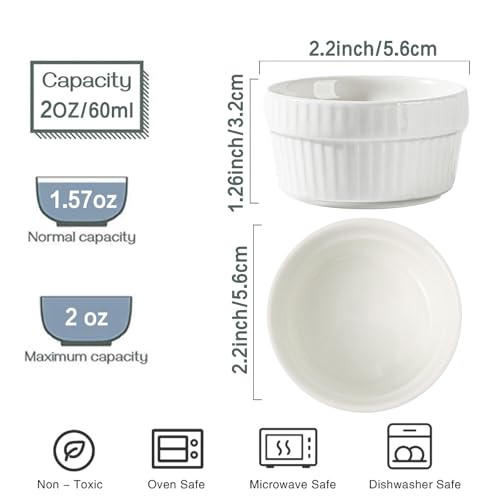 Feenmai Ramekins 2 oz Oven Safe - Ceramic Creme Brulee Ramekins Set of 6, Small Desserts Baking Bowls, Porcelain Souffle Dishes Pudding Custard Cups, White Dipping Bowls - RAMEKIN DISH