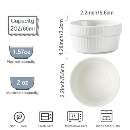 Feenmai Ramekins 2 oz Oven Safe - Ceramic Creme Brulee Ramekins Set of 6, Small Desserts Baking Bowls, Porcelain Souffle Dishes Pudding Custard Cups, White Dipping Bowls - RAMEKIN DISH