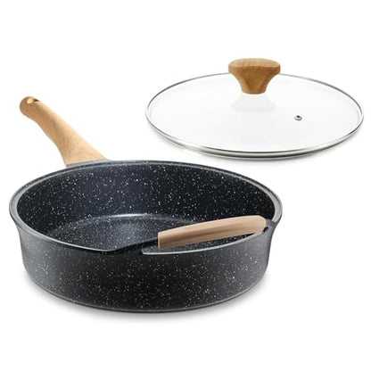 AnimoZest Nonstick Deep Frying Pan with Lid, 5.3 QT Swiss Granite Coating Sauté Pan, 13 Inch Healthy Non Stick Skillet Cooking Pan and Helper Handle with Silicone Cover, PFOA Free, Induction Ready.