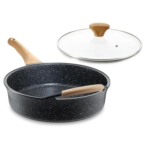 AnimoZest Nonstick Deep Frying Pan with Lid, 5.3 QT Swiss Granite Coating Sauté Pan, 13 Inch Healthy Non Stick Skillet Cooking Pan and Helper Handle with Silicone Cover, PFOA Free, Induction Ready.