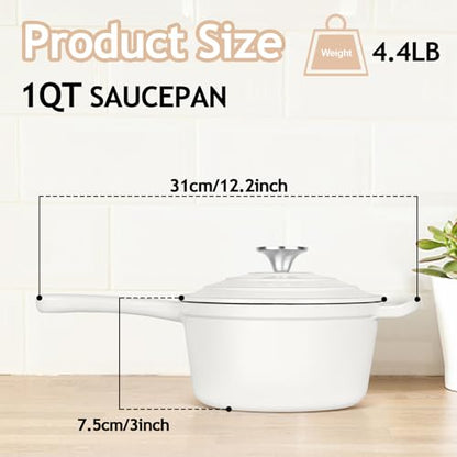 TeamFar 1QT Enameled Cast Iron Sauce Pan, Small Sauce Pot with Lid, Mini Dutch Oven Saucepan for Cooking/Simmering/Baking/Boiling, Sturdy & Nonstick, Oven Safe & Fit for Induction- White