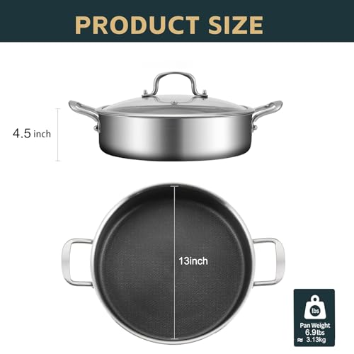 Yeksum 8-Quart Tri-Ply 18/10 Stainless Steel Saute Pan 13-Inch Nonstick Skillet with Lid, Even Heat, Induction Ready, Dishwasher & Oven Safe