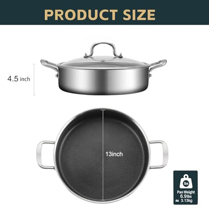 Yeksum 8-Quart Tri-Ply 18/10 Stainless Steel Saute Pan 13-Inch Nonstick Skillet with Lid, Even Heat, Induction Ready, Dishwasher & Oven Safe