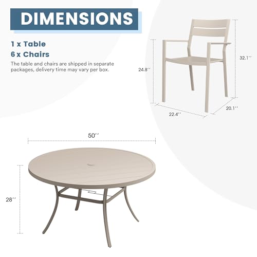 DIFY 7 Piece Patio Dining Set, 50" Round Table & Metal Chairs, Sandshell