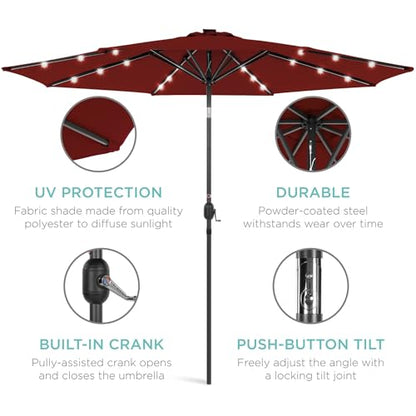 Best Choice Products 10ft Solar Polyester LED Lighted Patio Umbrella w/Tilt Adjustment and UV-Resistant Fabric - Red