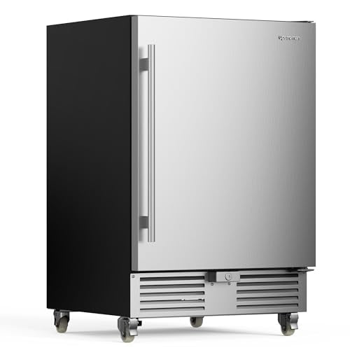 Upstreman 24 Inch Outdoor Refrigerator, 170 Can Under Counter Refrigerator with Stainless Steel Door, Weatherproof, LED Light, Beverage Fridge for Home, Patio or Commercial Use-BR50