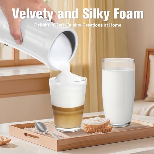 CookSwift Milk Frother, 4-in-1 Milk Steamer and Frother, 8.1oz/240ml Automatic Warm and Cold Foam Maker, Auto Shut-Off Frother for Coffee, Latte, Cappuccino, Macchiato(White)