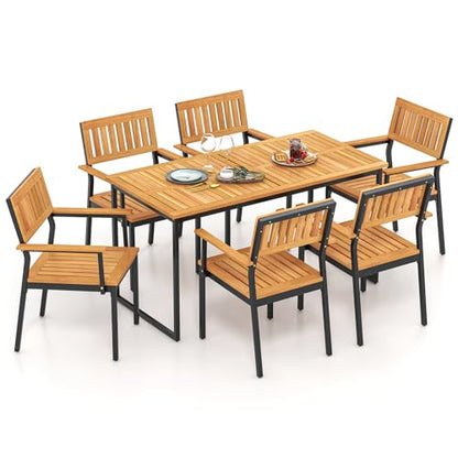 Tangkula 7 Piece Outdoor Dining Set for 6, Acacia Wood Rectangular Dining Table & 6 Armchairs w/Metal Frame, Umbrella Hole, Farmhouse Dining Furniture Set for Garden Porch Poolside Yard
