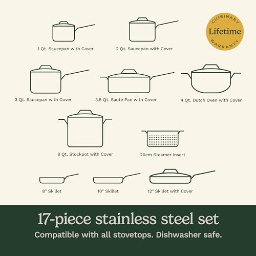 Cuisinart 17-Piece Stainless Steel Cookware Set, Chef's Classic Steel Collection with Pure Aluminum Core for Quick and Even Heat, Cool Grip Handles, Dishwasher Safe, 77-17N