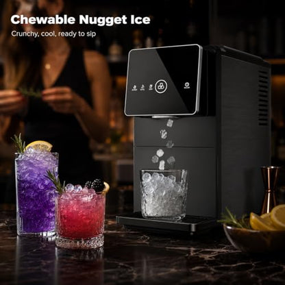 Kismile Nugget Ice Maker Countertop, 33LBS/24H Ice Machine with Soft Chewable Ice, One-Click, Self-Cleaning Function, Stainless Steel Ice Maker with Indicator Lights for Home/Kitchen(Black)