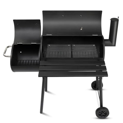 Large Charcoal Grill with Offset Smoker and Wood-Painted Side Table, Outdoor Smoker Grill with 811 Sq. In. Cooking Area for Outdoor Patio Barbecue Camping Parties Event, Black