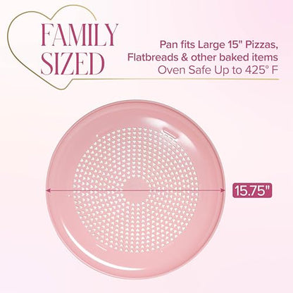 Paris Hilton Pizza Crisper with Heart Cut Outs, Heavy Duty Carbon Steel Baking Pan features Premium Nonstick Coating Made Without PFAS & PFOA, 15.75-Inch, Pink