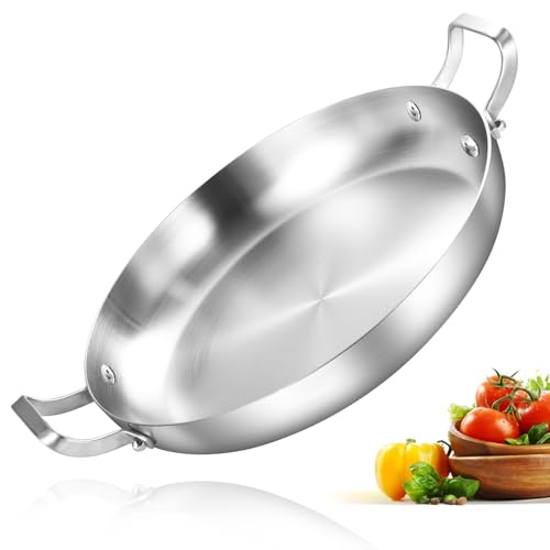 Inqibee 13-Inch Tri-Ply Stainless Steel Paella Pan,Large Skillet,Griddle Pan,Large Frying Pan,Jumbo Cooker,Induction Cookware,Dishwasher and Oven Safe.