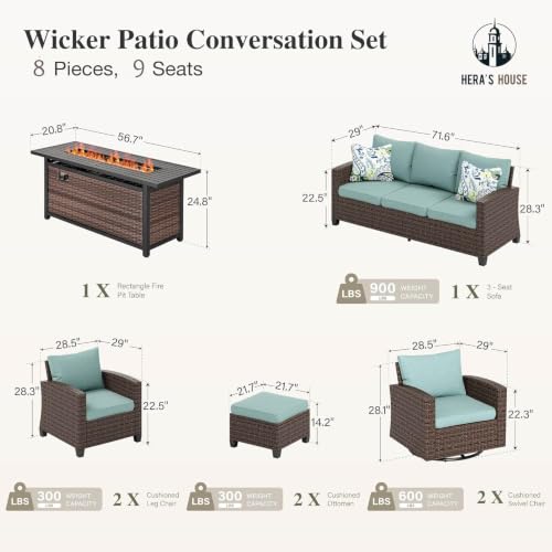 HERA'S HOUSE 8-Piece Wicker Patio Furniture Set with Fire Pit, 9-Seat, Blue