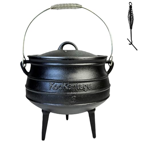 8-Quart Pre-Seasoned Cast Iron Cauldron - African Potjie Pot with Lid - 3-Legged Pot for Even Heat Distribution - Outdoor Cast Iron Dutch Oven Cookware for Campfire Cooking and Boiling