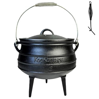 8-Quart Pre-Seasoned Cast Iron Cauldron - African Potjie Pot with Lid - 3-Legged Pot for Even Heat Distribution - Outdoor Cast Iron Dutch Oven Cookware for Campfire Cooking and Boiling